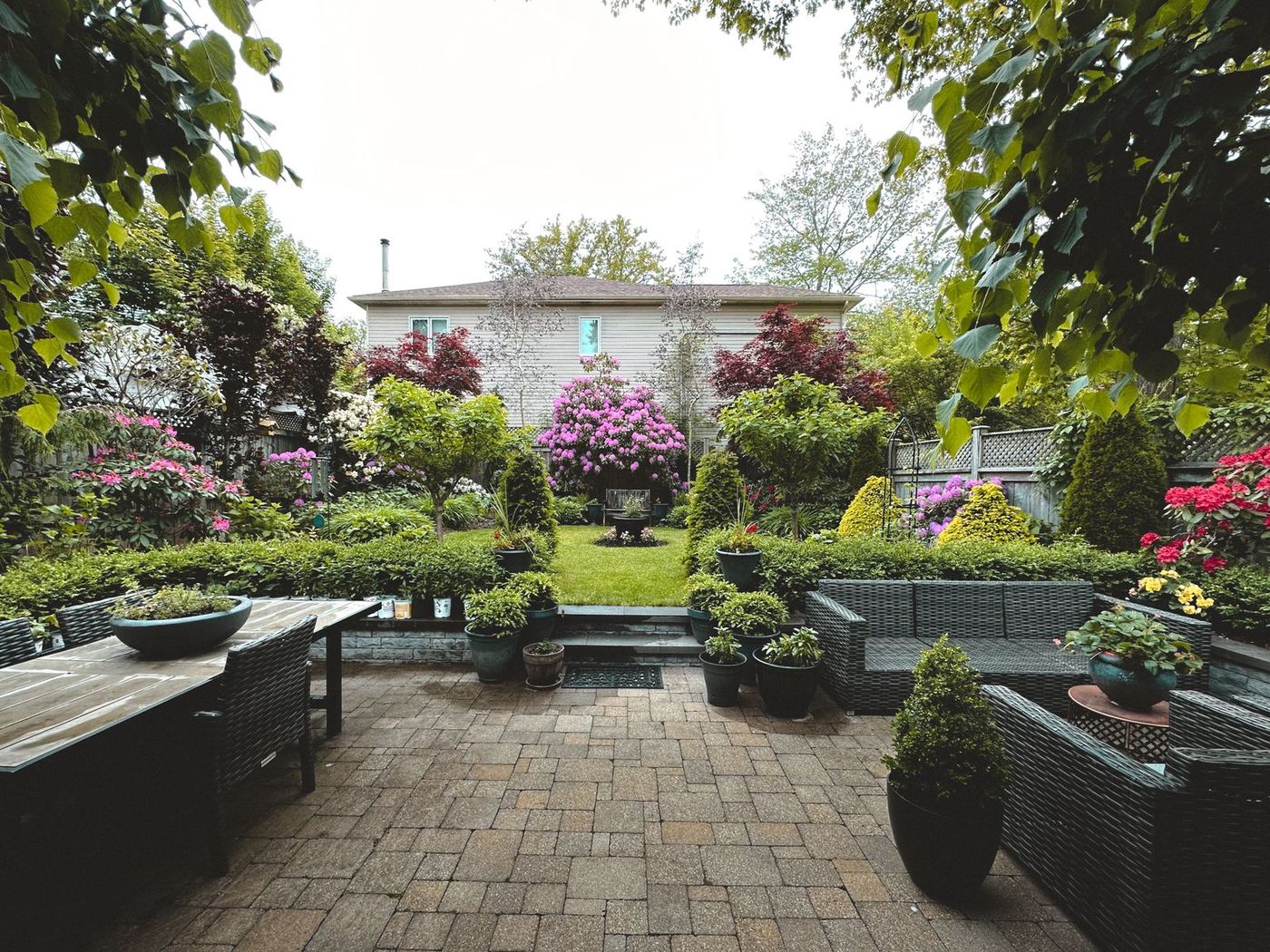 Home Landscaped back garden with a paved patio and planted beds