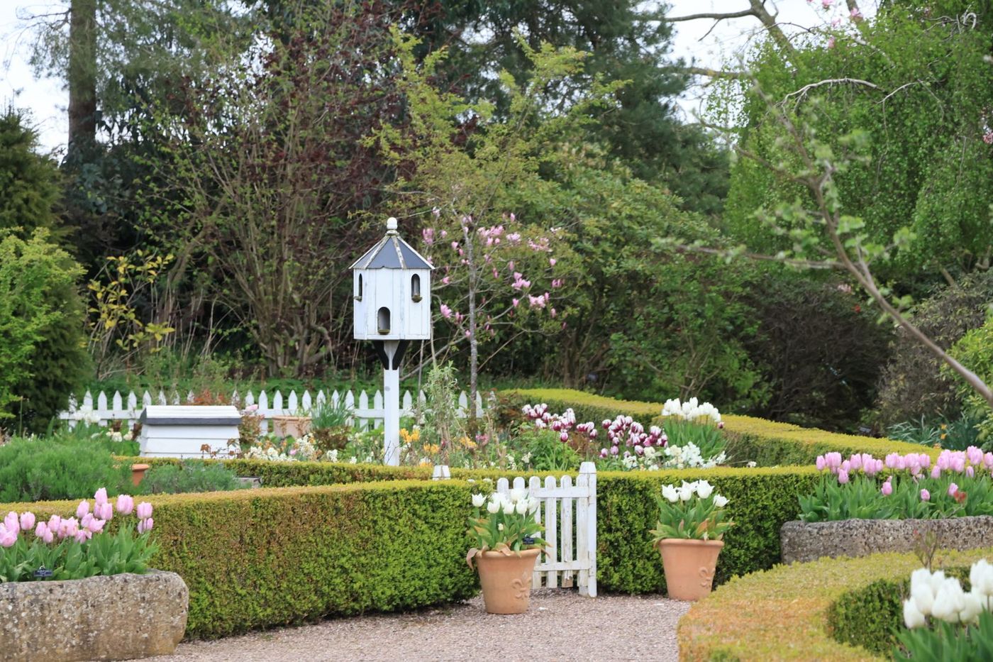 Home White garden gate opening onto a planted border